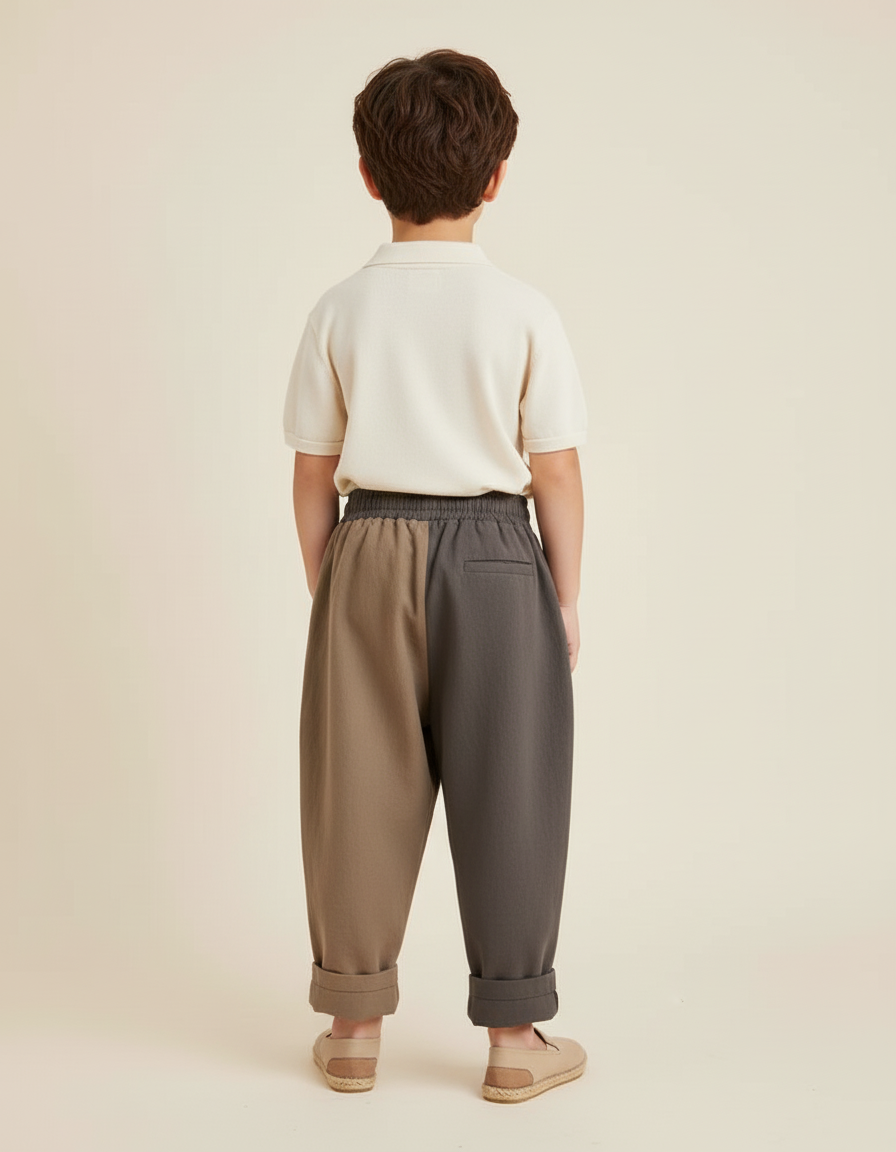 Pantalon Baggy Bicolore Ample Plissé Décontracté Enfant - Multicolore Lin - vue 2