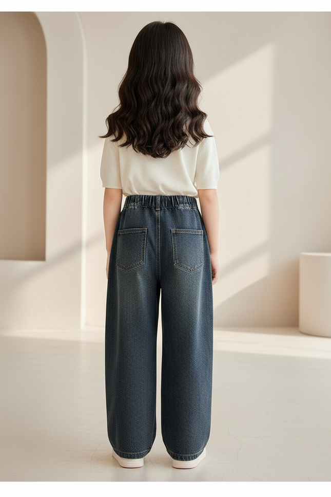 Pantalon Baggy Jean Bleu Ample Fille Brodé - Marine - vue 2