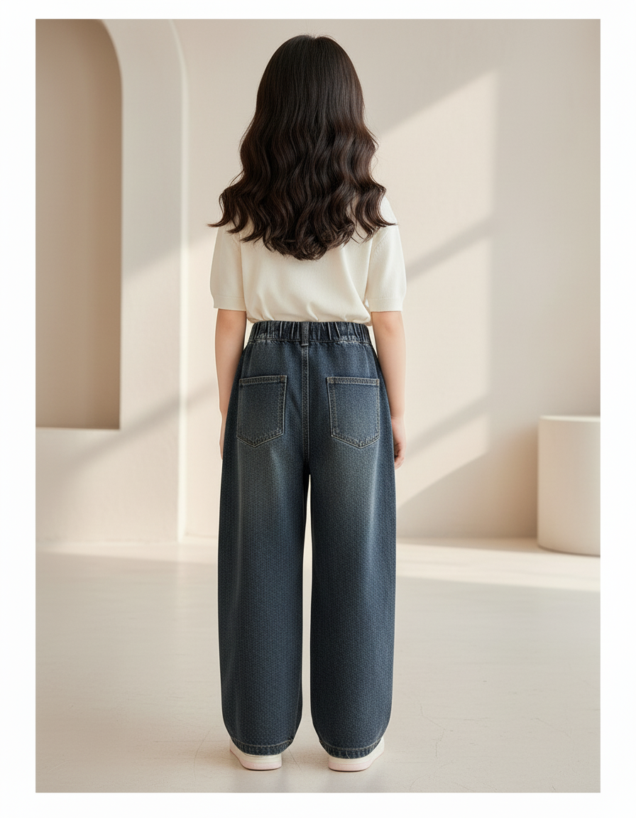 Pantalon Baggy Jean Bleu Ample Fille Brodé - Marine - vue 2