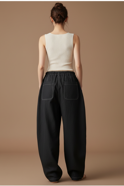 Pantalon Baggy Noir Ample Plissé Cordon - Jean - vue 2