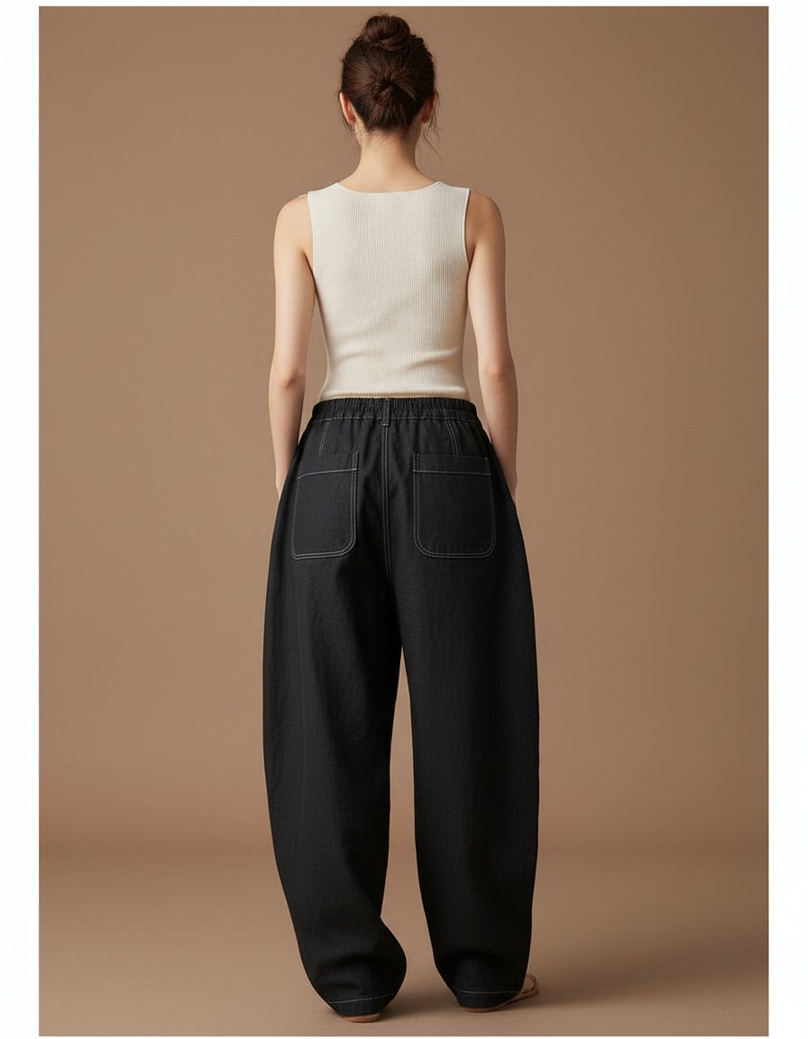 Pantalon Baggy Noir Ample Plissé Cordon - Jean - vue 2