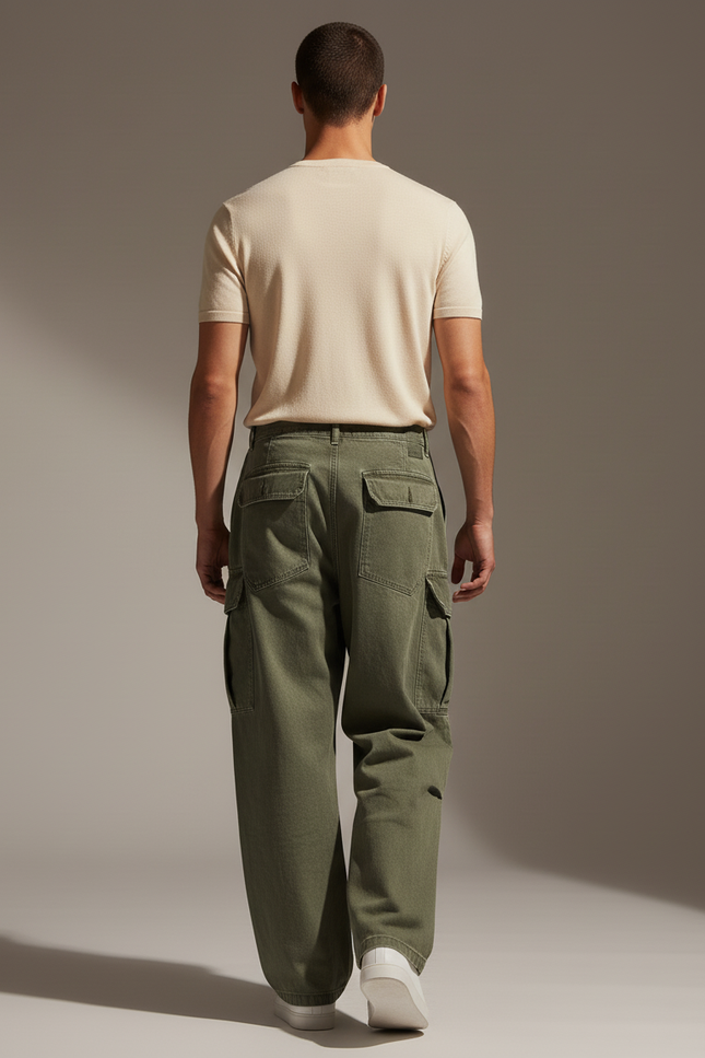 Pantalon Baggy Vert Cargo Ample Coton Homme - Kaki - vue 2