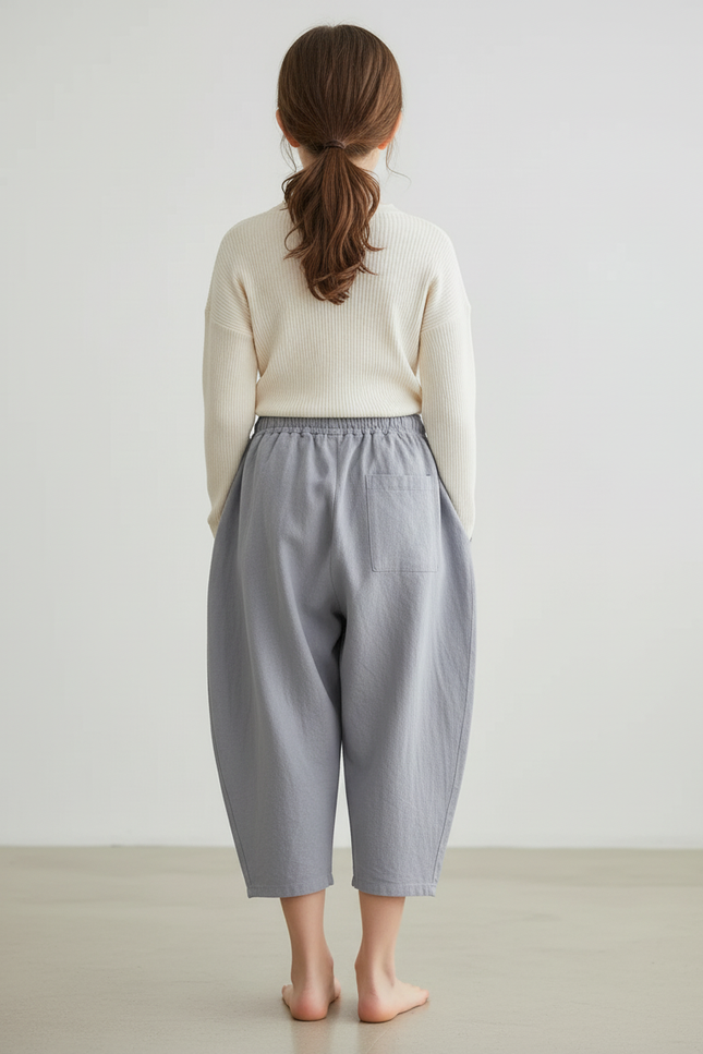 Pantalon Baggy Gris Lin Ample Décontracté Cordon - vue 2