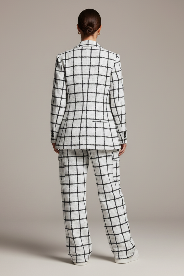 Pantalon Baggy Blanc Noir Carreaux Ample Chic Femme - Multicolore Tweed - vue 2