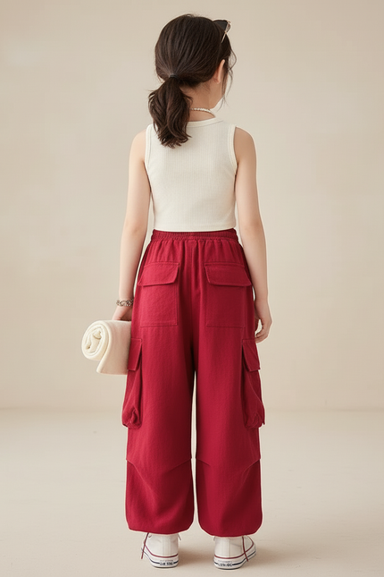 Pantalon Baggy Rouge Cargo Ample Coton Enfant - vue 2