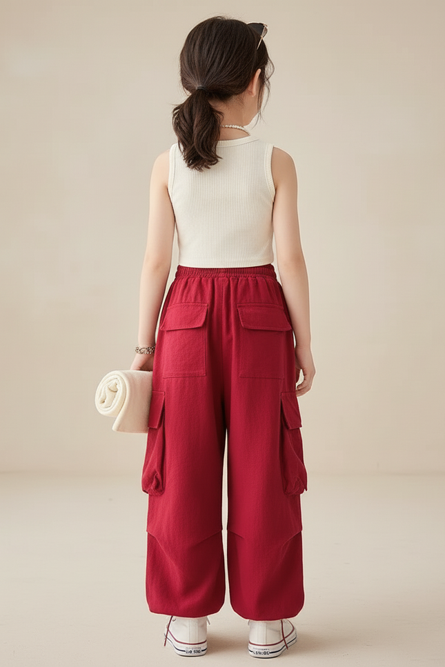Pantalon Baggy Rouge Cargo Ample Coton Enfant - vue 2