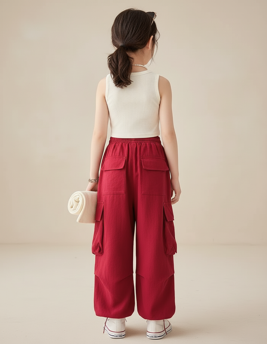 Pantalon Baggy Rouge Cargo Ample Coton Enfant - vue 2