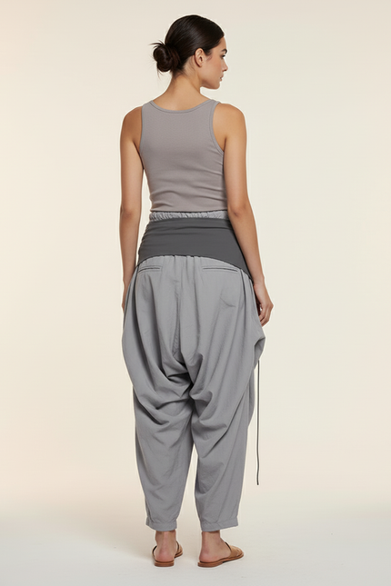 Pantalon Baggy Gris Fluide Ample Décontracté Cordon - Polyester - vue 2