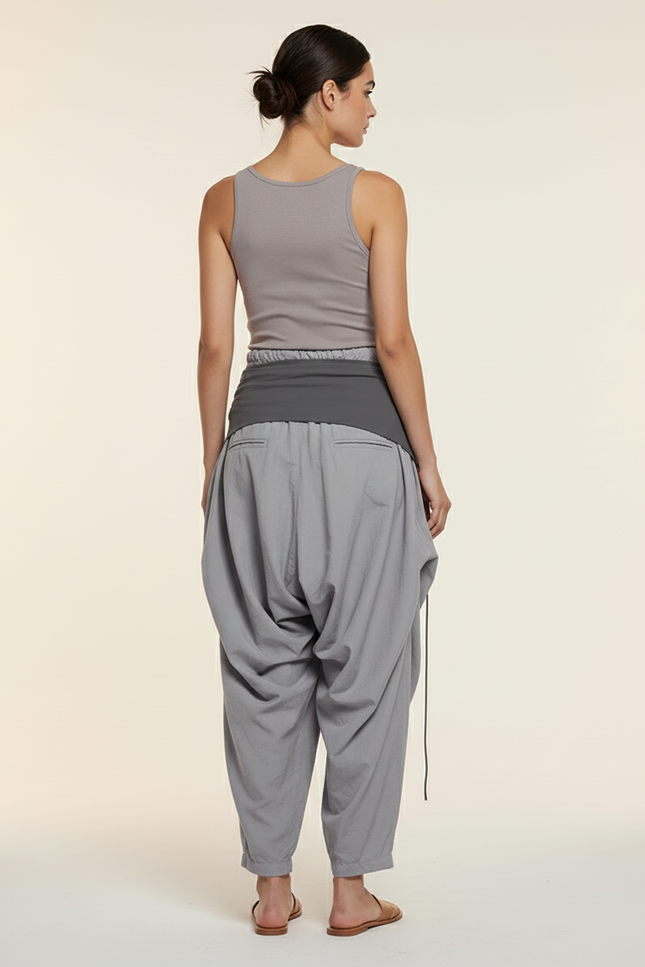 Pantalon Baggy Gris Fluide Ample Décontracté Cordon - Polyester - vue 2
