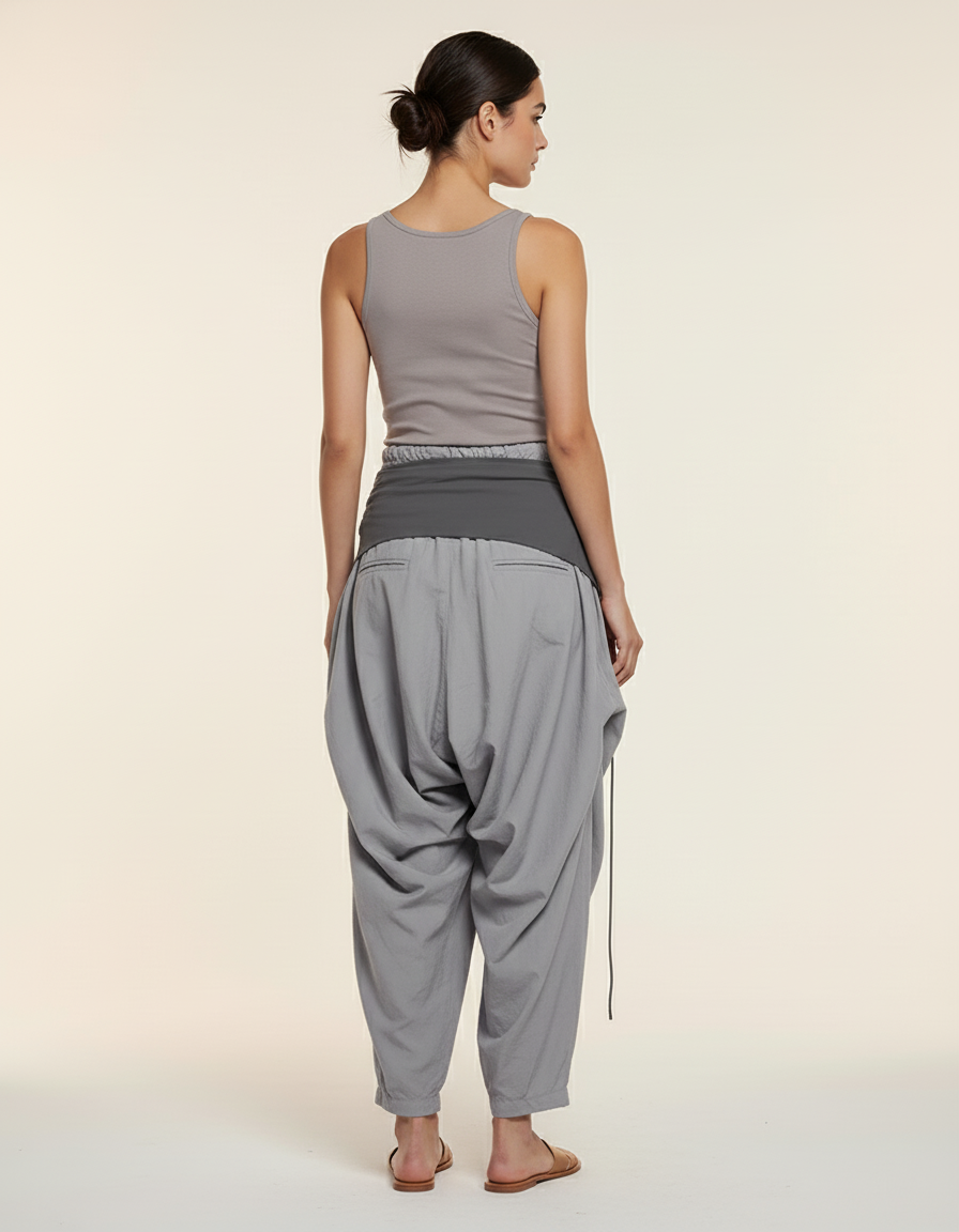 Pantalon Baggy Gris Fluide Ample Décontracté Cordon - Polyester - vue 2