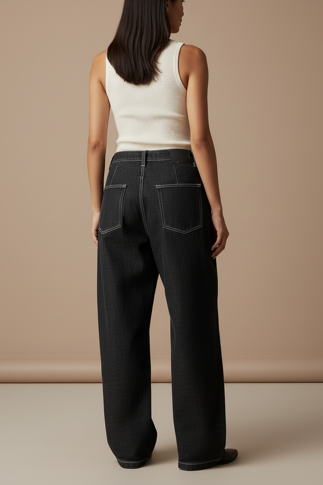 Pantalon Baggy Noir Brodé Ample Denim Streetwear Femme - Jean - vue 2