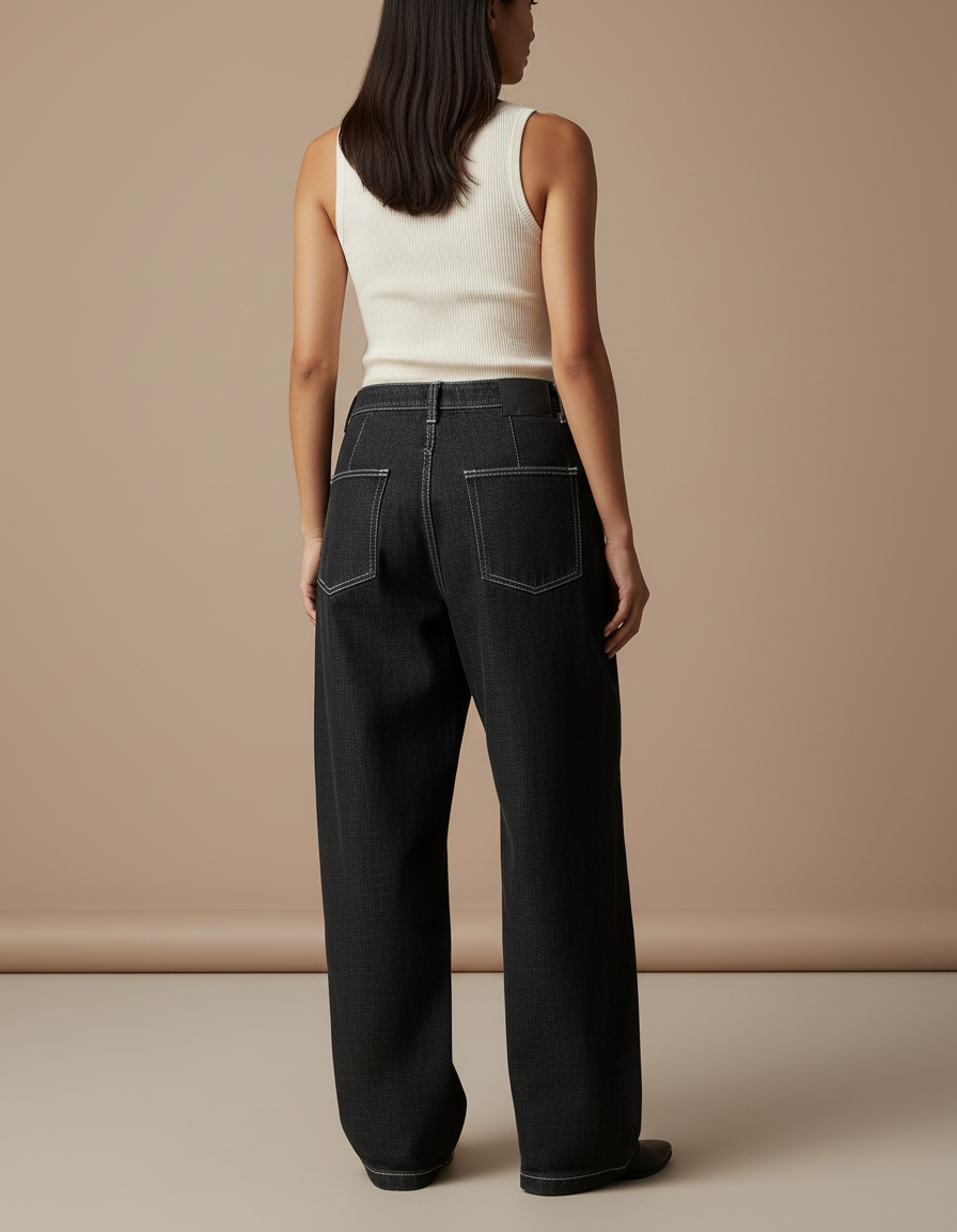 Pantalon Baggy Noir Brodé Ample Denim Streetwear Femme - Jean - vue 2