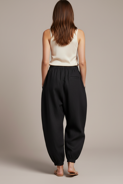 Pantalon Baggy Noir Ample Lin Fluide Femme - vue 2