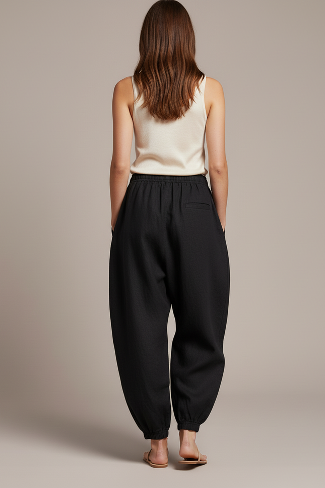 Pantalon Baggy Noir Ample Lin Fluide Femme - vue 2