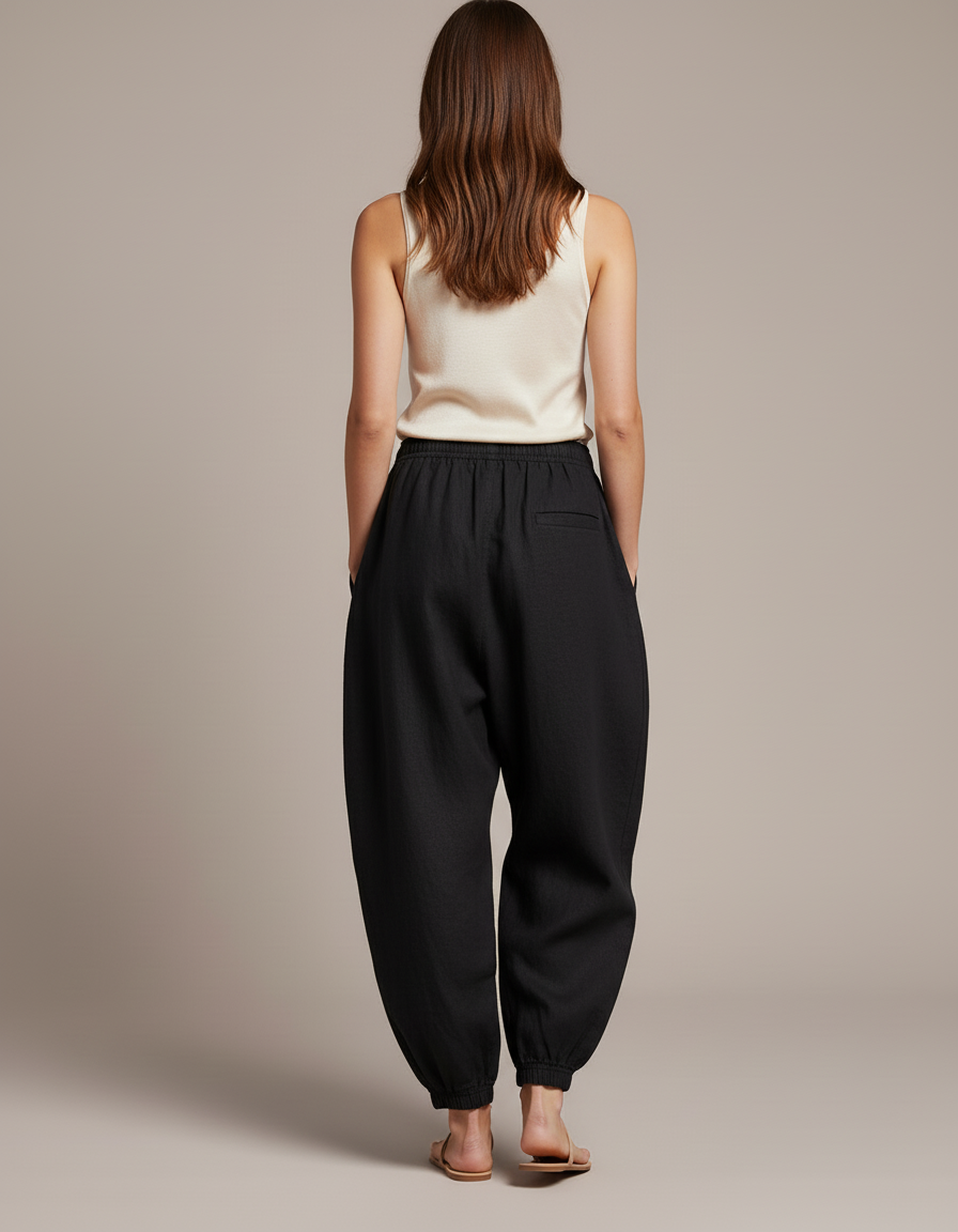 Pantalon Baggy Noir Ample Lin Fluide Femme - vue 2