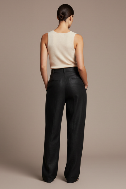 Pantalon Baggy Noir Lin Ample Droit Élégant - vue 2