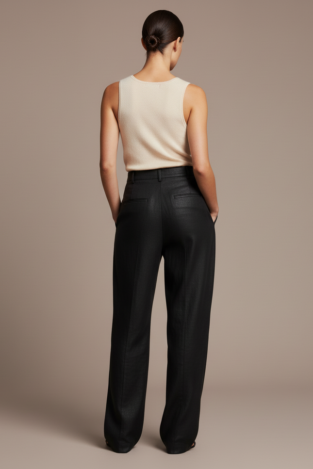 Pantalon Baggy Noir Lin Ample Droit Élégant - vue 2