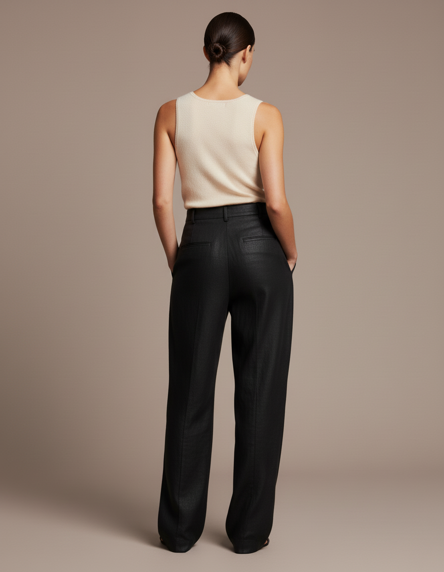 Pantalon Baggy Noir Lin Ample Droit Élégant - vue 2