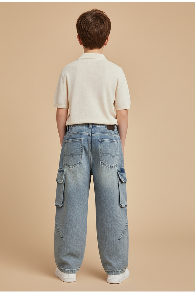 Pantalon Baggy Bleu Délavé Cargo Ample Enfant Streetwear - Jean - vue 2