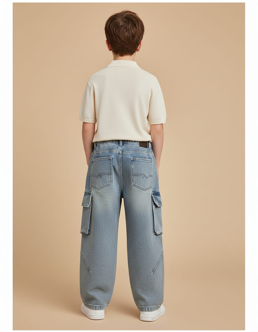Pantalon Baggy Bleu Délavé Cargo Ample Enfant Streetwear - Jean - vue 2