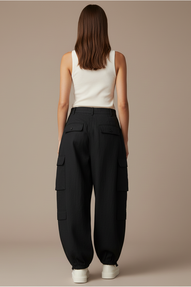 Pantalon Baggy Noir Ample Cargo Femme - Lin - vue 2