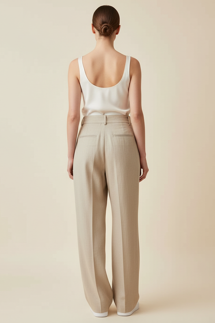 Pantalon Baggy Beige Plissé Ample Taille Haute Chic - Lin - vue 2