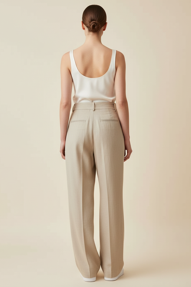 Pantalon Baggy Beige Plissé Ample Taille Haute Chic - Lin - vue 2