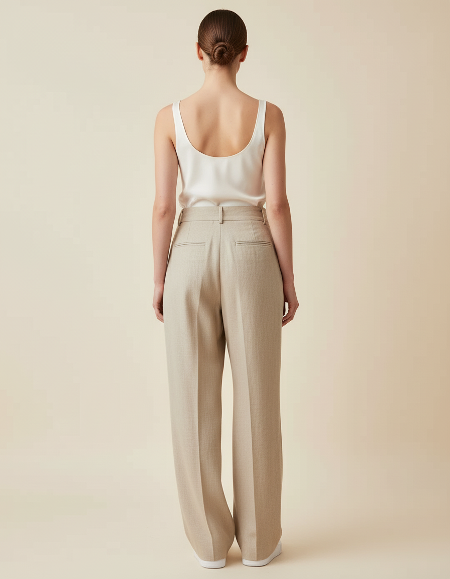 Pantalon Baggy Beige Plissé Ample Taille Haute Chic - Lin - vue 2