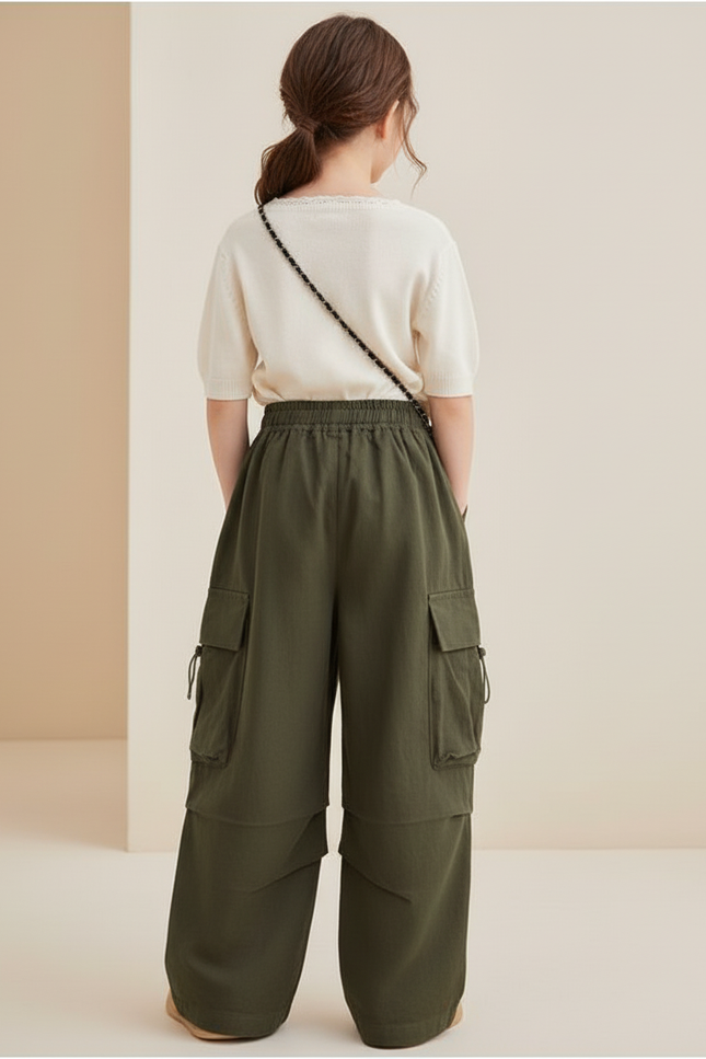 Pantalon Baggy Vert Cargo Ample Décontracté Enfant - Toile - vue 2
