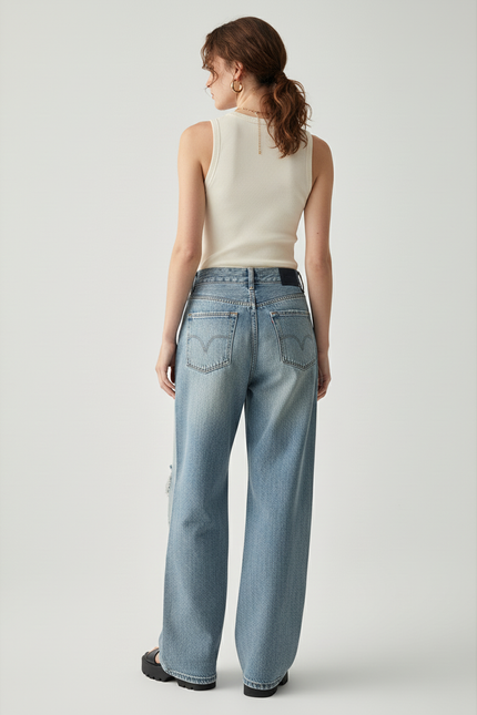Pantalon Baggy Jean Bleu Droit Délavé Déchiré - vue 2