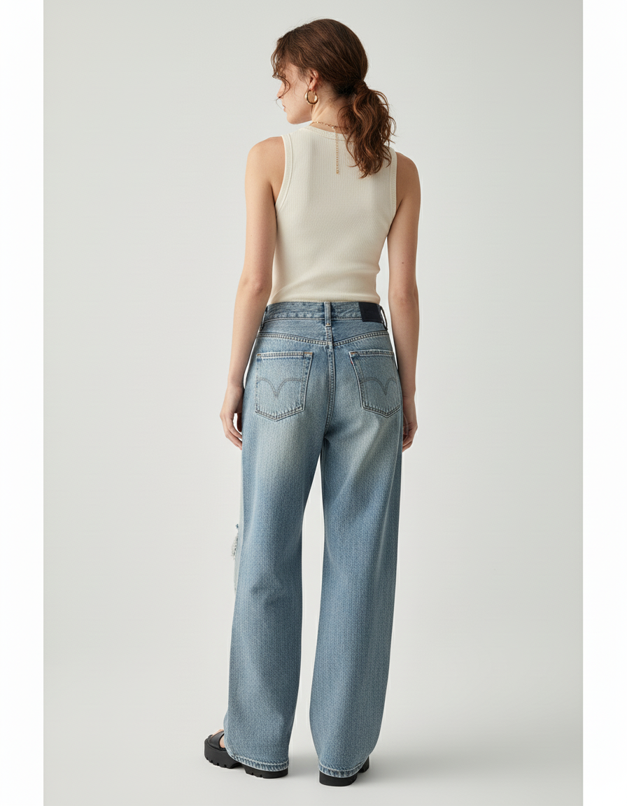 Pantalon Baggy Jean Bleu Droit Délavé Déchiré - vue 2