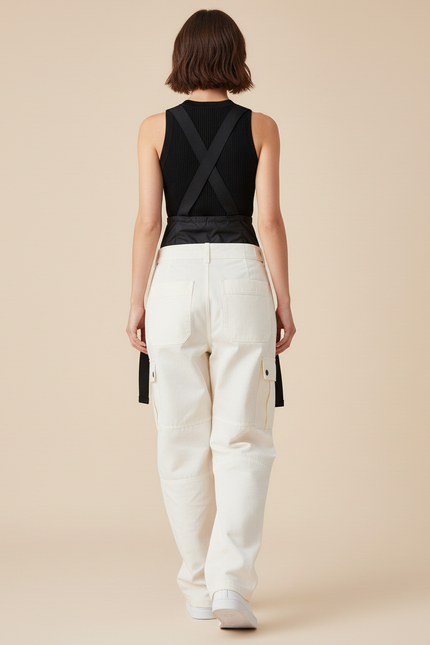 Pantalon Baggy Blanc Cargo Taille Haute Décontracté - Toile - vue 2