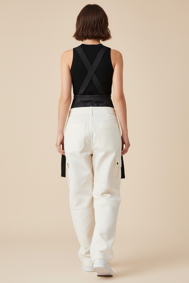 Pantalon Baggy Blanc Cargo Taille Haute Décontracté - Toile - vue 2