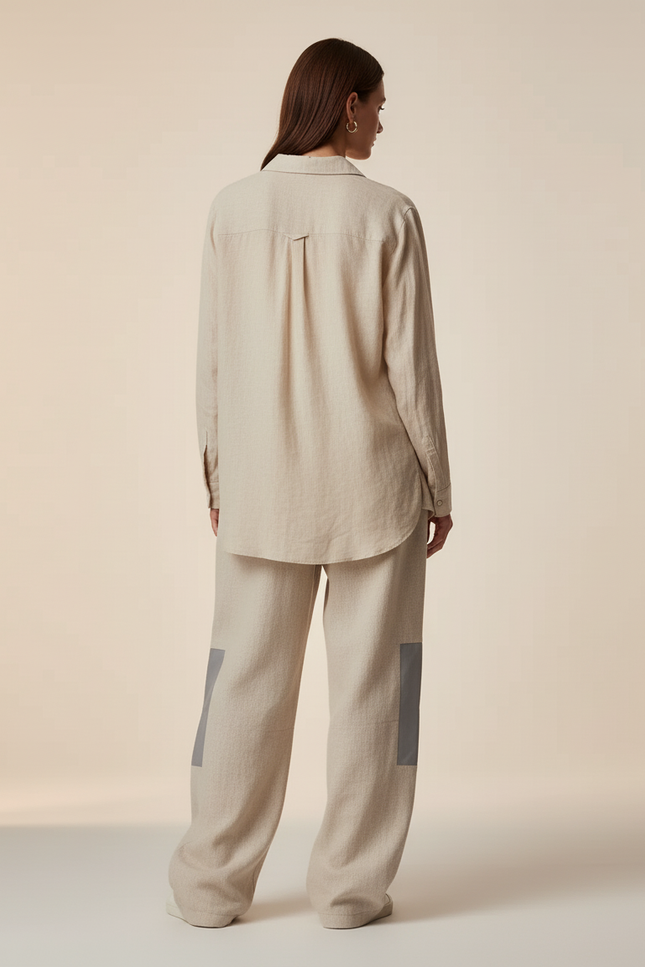 Pantalon Baggy Beige Plissé Bicolore Décontracté Femme - Laine - vue 2