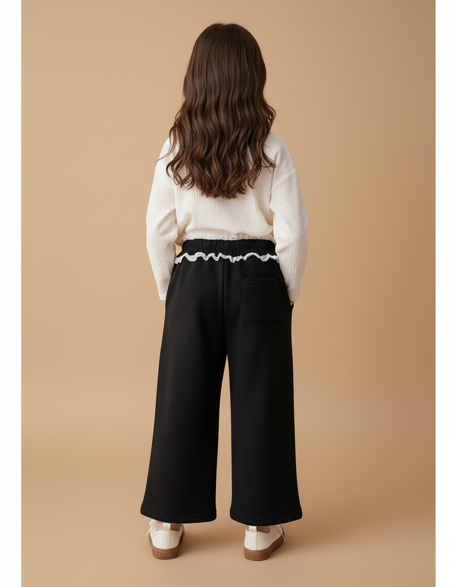 Pantalon Baggy Noir Ample Fille Dentelle Chaud Hiver - Molleton - vue 2