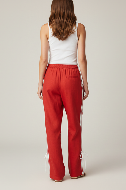 Pantalon Baggy Rouge Rayé Ample Fluide Cordon - Lin - vue 2