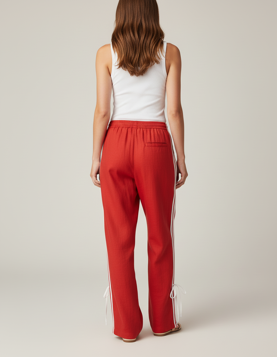 Pantalon Baggy Rouge Rayé Ample Fluide Cordon - Lin - vue 2