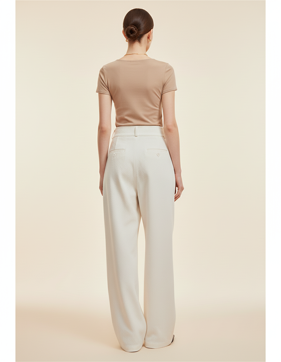 Pantalon Baggy Blanc Cassé Plissé Ample Femme - Laine - vue 2