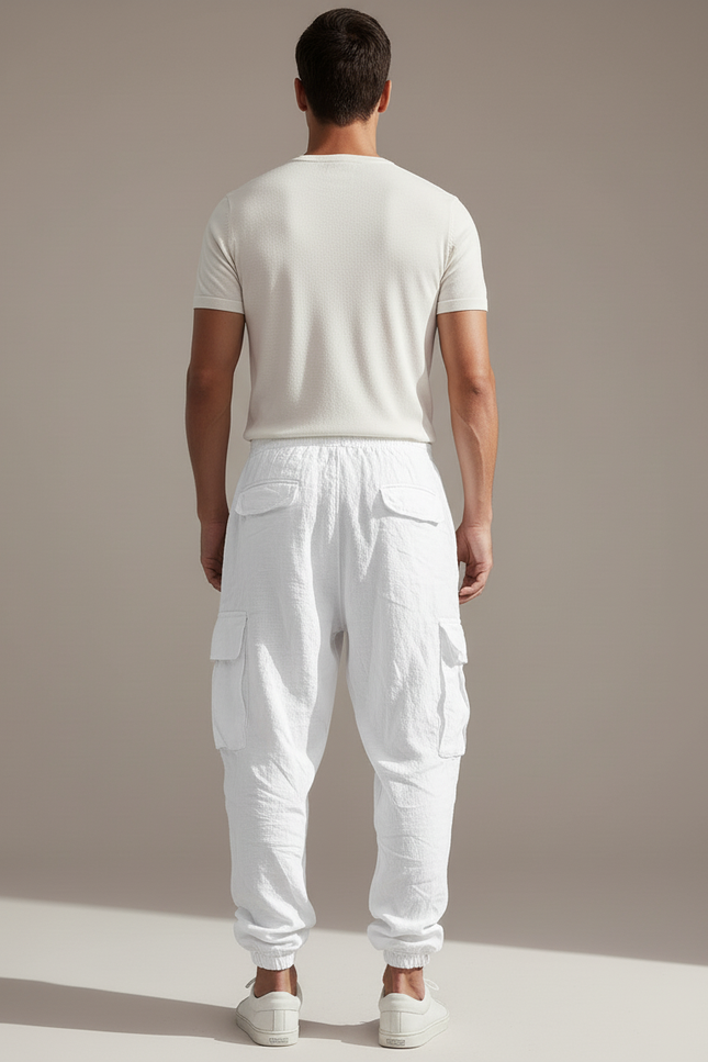 Pantalon Baggy Blanc Lin Cargo Ample Cordon Homme - vue 2