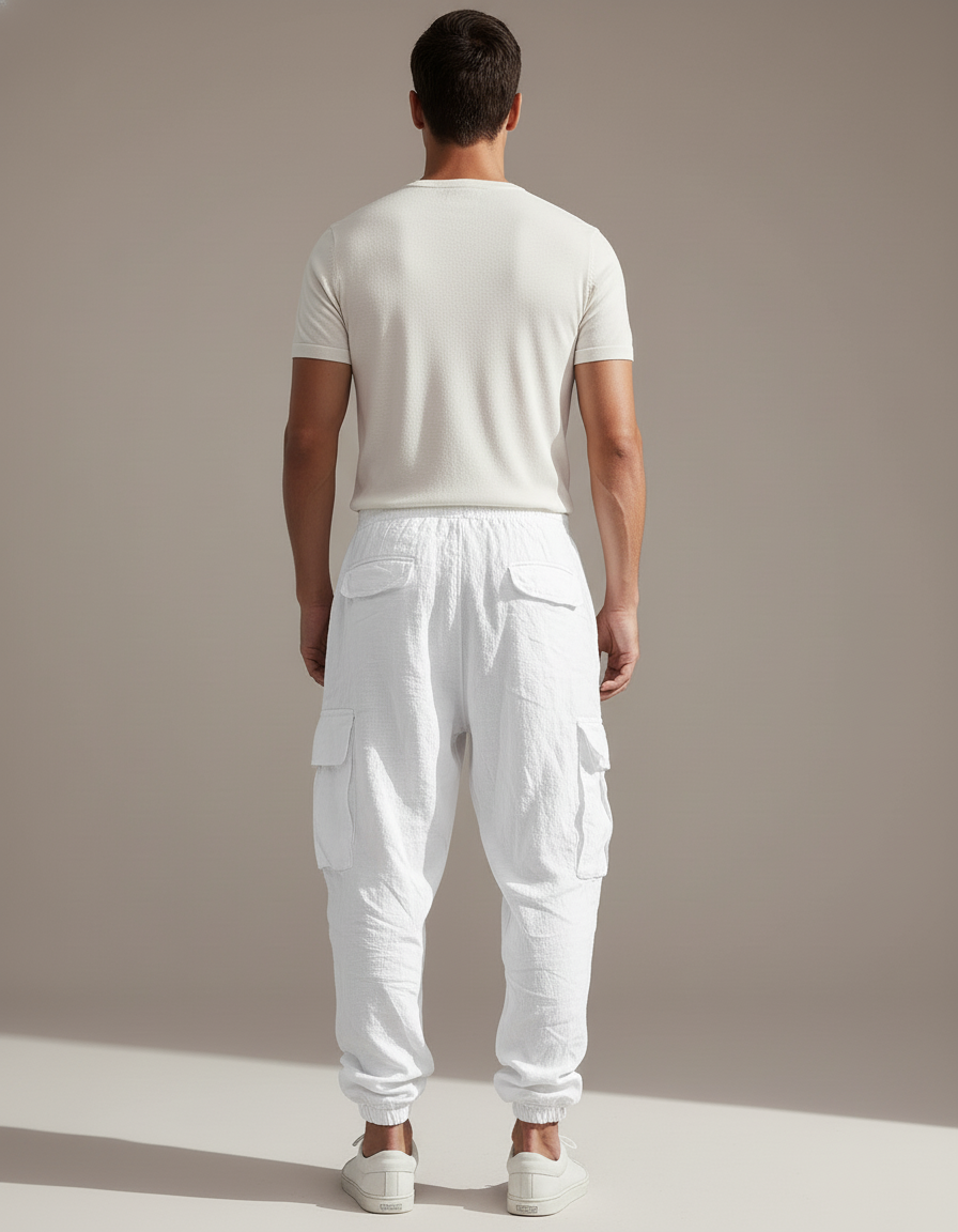 Pantalon Baggy Blanc Lin Cargo Ample Cordon Homme - vue 2