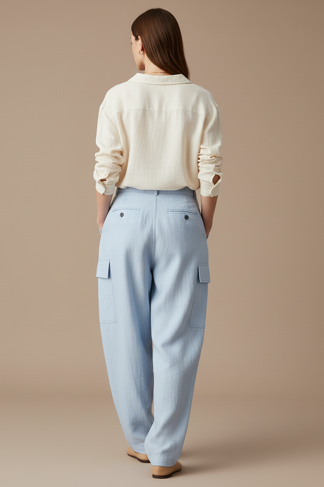 Pantalon Baggy Bleu Ciel Plissé Cargo Décontracté - Lin - vue 2