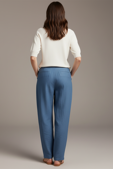 Pantalon Baggy Bleu Fluide Plissé Taille Haute Femme - Lin - vue 2