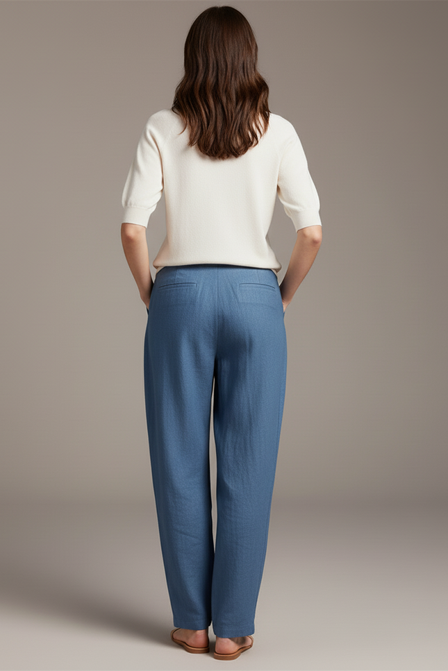 Pantalon Baggy Bleu Fluide Plissé Taille Haute Femme - Lin - vue 2