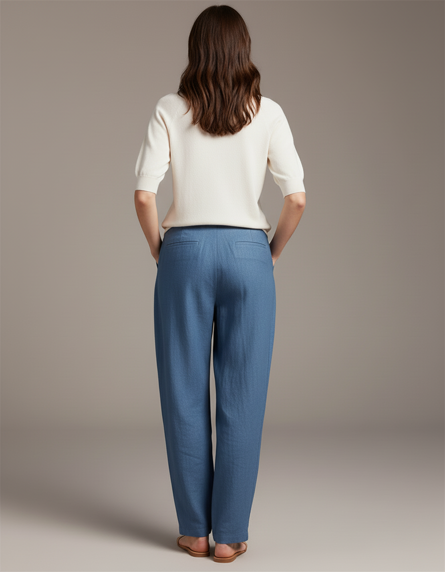 Pantalon Baggy Bleu Fluide Plissé Taille Haute Femme - Lin - vue 2