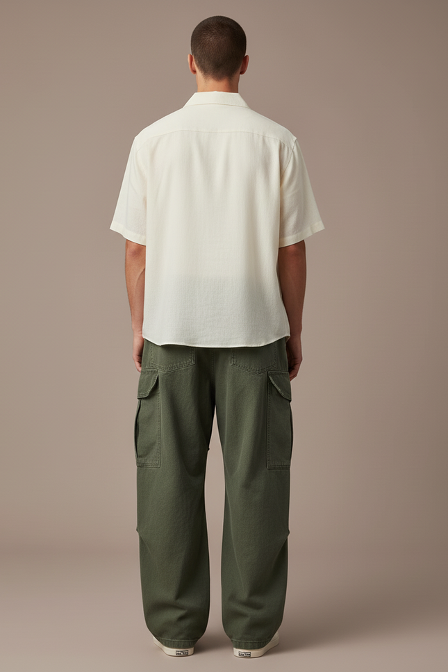 Pantalon Baggy Cargo Vert Ample Décontracté Homme - Kaki Toile - vue 2