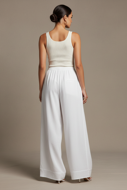 Pantalon Baggy Blanc Fluide Taille Haute Décontracté - Lin - vue 2