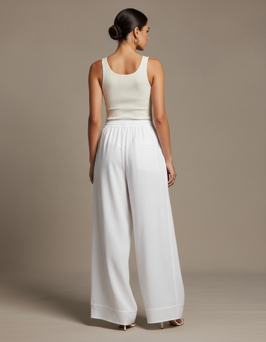 Pantalon Baggy Blanc Fluide Taille Haute Décontracté - Lin - vue 2