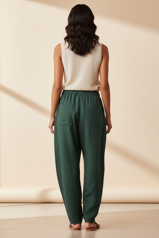 Pantalon Baggy Vert Coton Ample Décontracté Cordon - Lin - vue 2