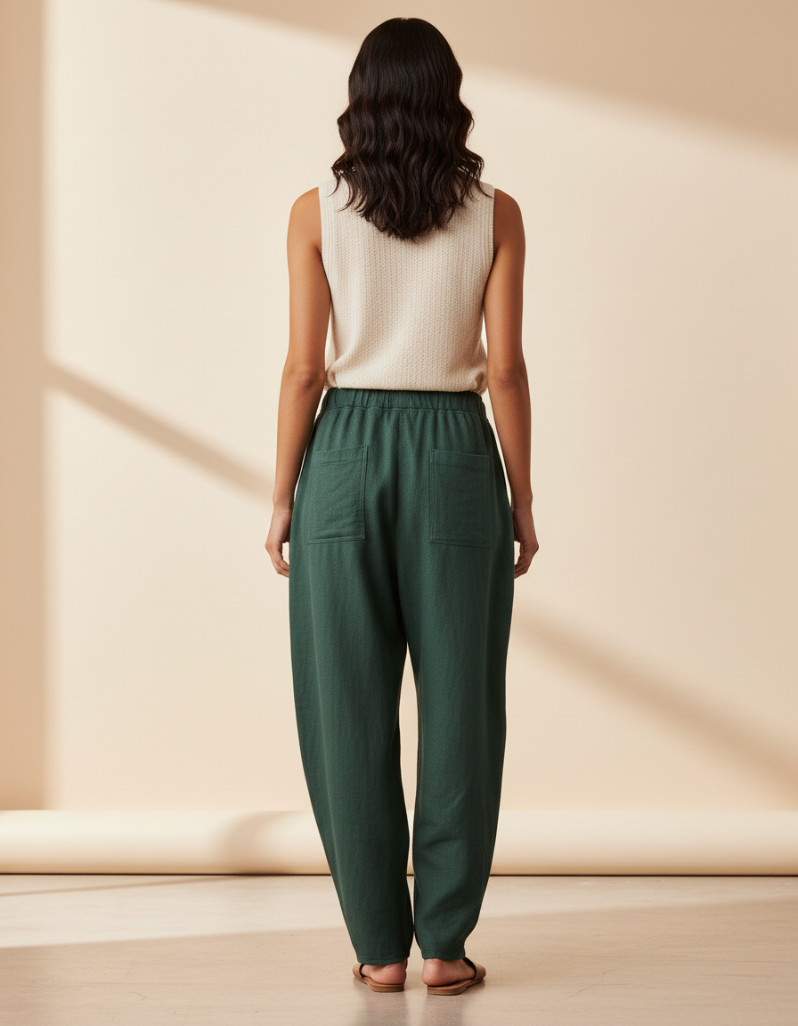 Pantalon Baggy Vert Coton Ample Décontracté Cordon - Lin - vue 2