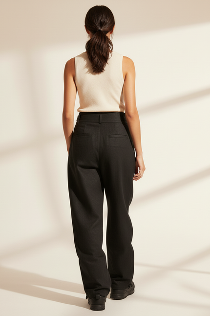 Pantalon Baggy Noir Ample Taille Haute Plissé Moderne - Tweed - vue 2